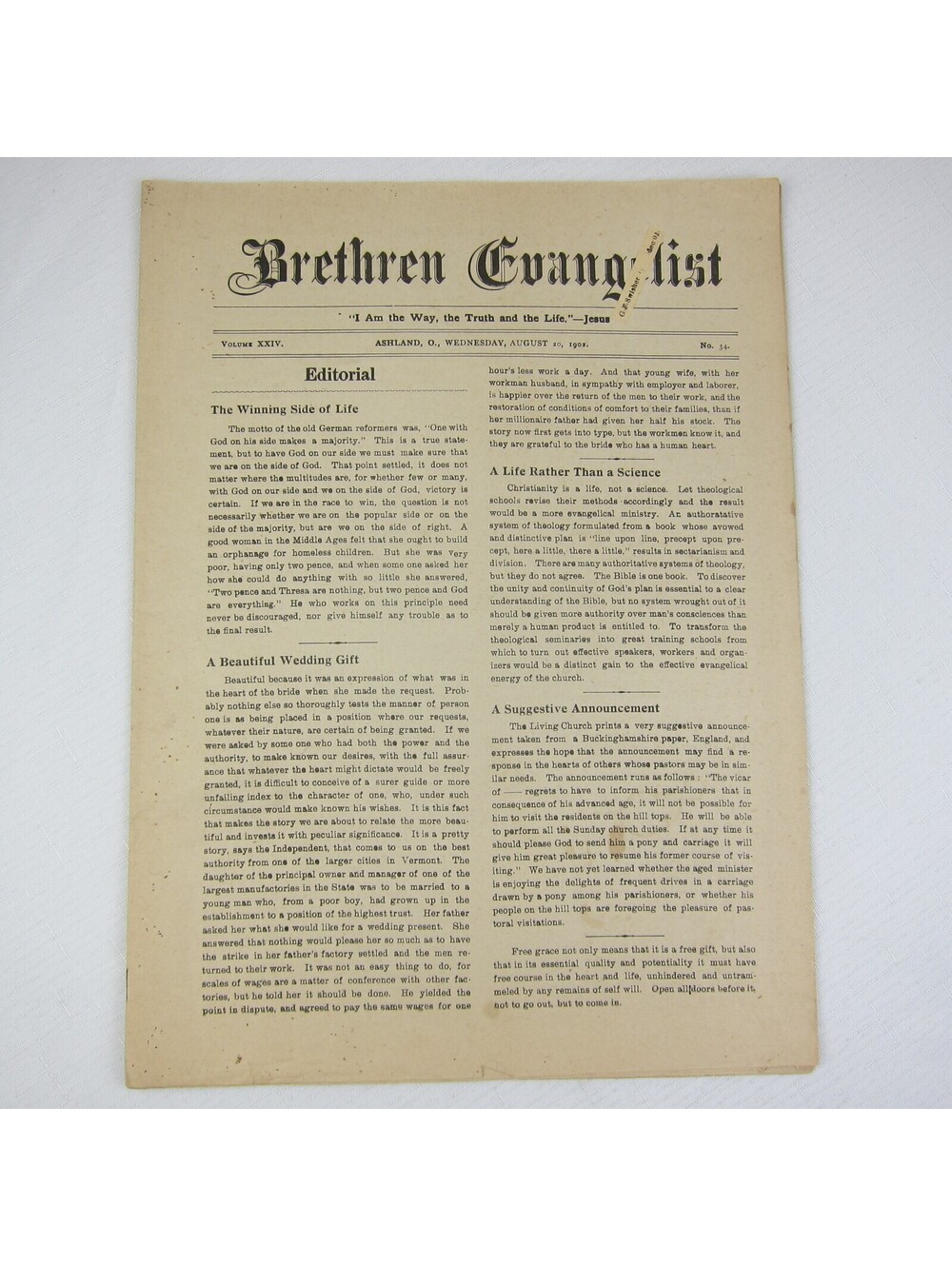 Brethren Evangelist Christian Newspaper Ashland Ohio Antique August 20th 1902